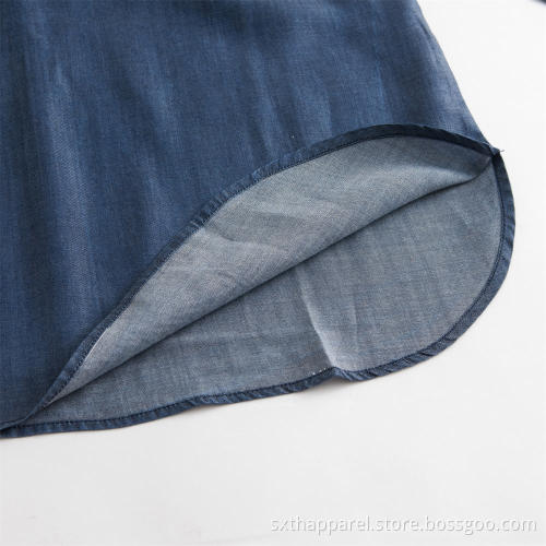 Kvinnors marinblå långärmad Tencel denim-lös skjorta